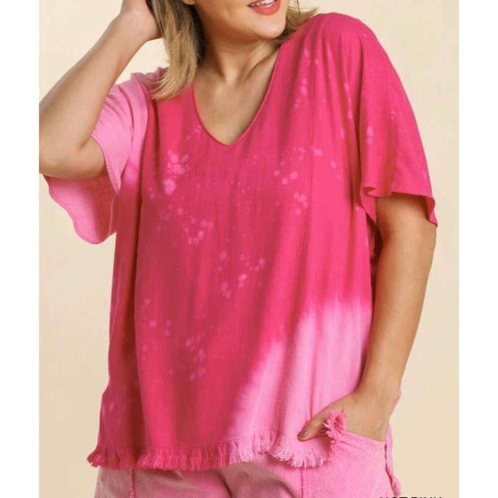 Umgee Pink Tie Dye Linen Fringe Poncho Tunic Top Size XL